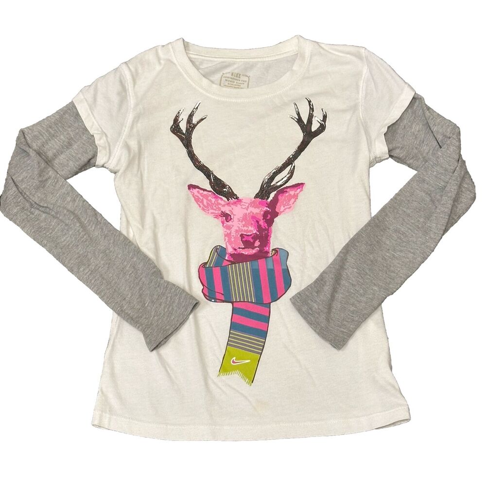 Nike T Shirt Girl's Size M White L/S Holiday Winter Deer Scarf Logo Athletic Cut